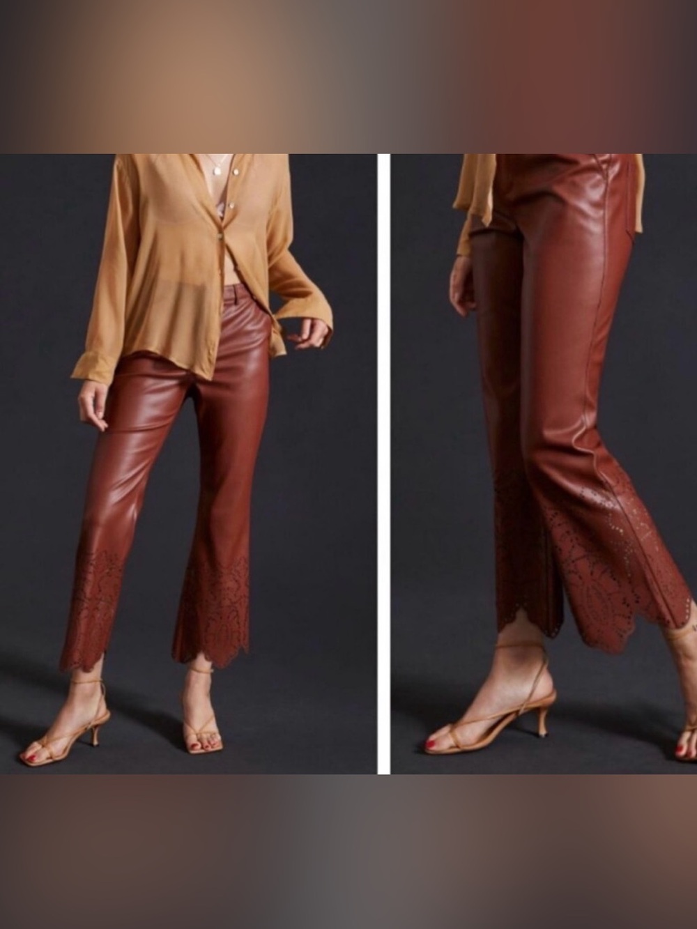 NWT Anthropologie Faux Leather Chocolate Pants with Laser-Cut Scalloped Hem